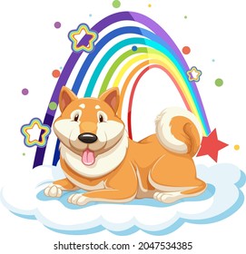 Cute dog on the cloud with rainbow illustration
