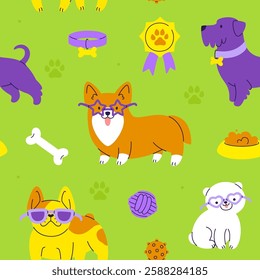 Cute dog on the lawn pattern. Seamless vector print with cartoon puppies.