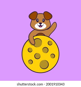 Cute dog is on the moon. Animal cartoon concept isolated. Can used for t-shirt, greeting card, invitation card or mascot.