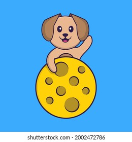 Cute dog is on the moon. Animal cartoon concept isolated. Can used for t-shirt, greeting card, invitation card or mascot.