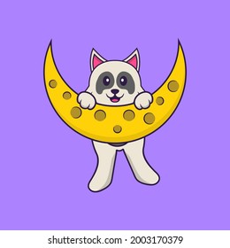 Cute dog is on the moon. Animal cartoon concept isolated. Can used for t-shirt, greeting card, invitation card or mascot.