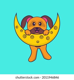 Cute dog is on the moon. Animal cartoon concept isolated. Can used for t-shirt, greeting card, invitation card or mascot.