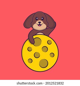 Cute dog is on the moon. Animal cartoon concept isolated. Can used for t-shirt, greeting card, invitation card or mascot.