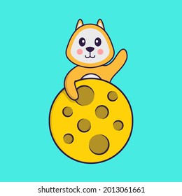 Cute dog is on the moon. Animal cartoon concept isolated. Can used for t-shirt, greeting card, invitation card or mascot.