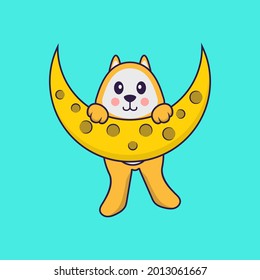 Cute dog is on the moon. Animal cartoon concept isolated. Can used for t-shirt, greeting card, invitation card or mascot.