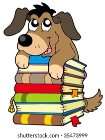 Cute dog on pile of books - vector illustration.