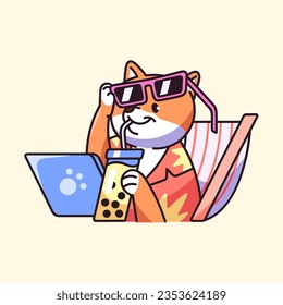 Cute dog on remote, online work concept. Fluffy shiba relax in sunglasses with laptop on deck chair, funny puppy on freelance. Kawaii pup on the beach, summer rest. Flat isolated vector illustration