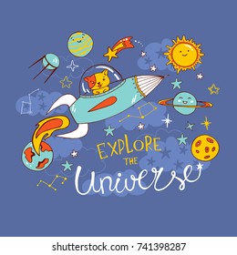 Cute dog on a rocket in a deep space