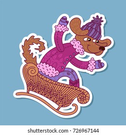 Cute dog on sleds. Vector illustration. Vector isolated icon is suitable for decorating cards, invitations and scrapbook. 