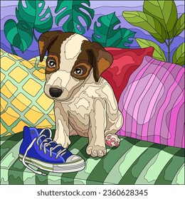 Cute dog on the sofa with sneakers. Colorful bright illustration. Coloring book for children and adults.