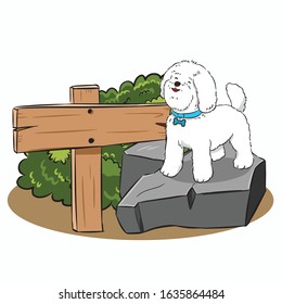 cute dog on stone with wood sign vector