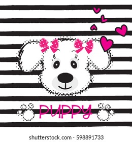 cute dog on striped background, T-shirt design for kids vector illustration