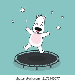 Cute dog on trampoline jumping. Happy puppy clipart. Vector illustration.