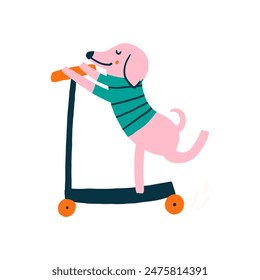 Cute Dog on Vehicle Scooter. Vector Clipart Puppy Celebration Pet