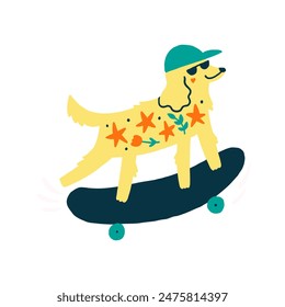 Cute Dog on Vehicle Skateboard. Vector Clipart Puppy Celebration Pet