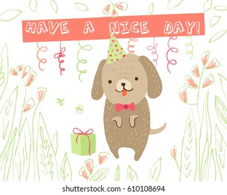 Cute dog on white background with floral elements. Vector greeting card in cartoon style for print design of children's banners, postcards, posters, booklets.