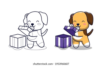 Cute dog opens gift box cartoon coloring pages for kids