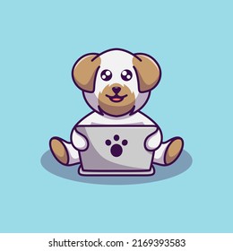 a cute dog is operating a laptop