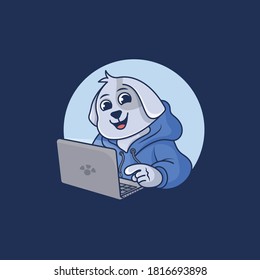 cute dog is operating the laptop,suitable for logo, icon and sticker.