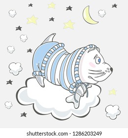 Cute dog with a ossicle on a cloud. Cartoon hand drawn vector illustration. Can be used for t-shirt print. Kids wear fashion design. Baby invitation card