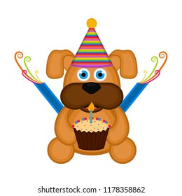 Cute dog with a party hat and a cake.