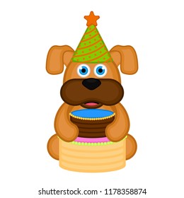 Cute dog with a party hat and a cake