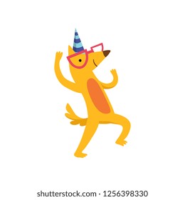 Cute dog in party hat and glsasses dancing, funny cartoon animal character at birthday party vector Illustration