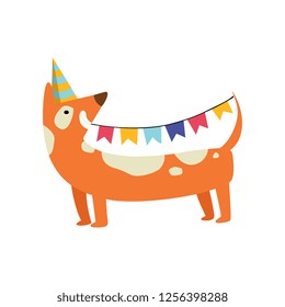 Cute dog in party hat holding party flags, funny cartoon animal character at birthday party vector Illustration