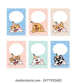 Cute dog with party hat waving paw cartoon greeting card collection, vector illustration