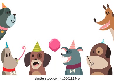 Cute dog in party hats. Vector cartoon funny characters of pets isolated on white background. Template for the design of cards for birthday and holidays.