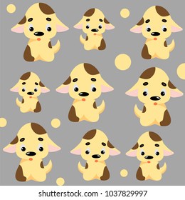 Cute dog pattern with puppies and circles. Childish seamless vector background for fabric, textile, decoration