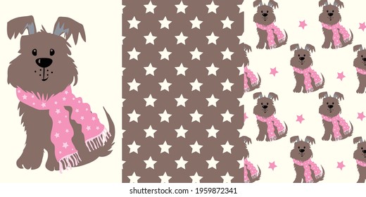 Cute dog pattern set. Lovely Nursery Art for Card, Invitation, Wall Art, Baby Girl Party.