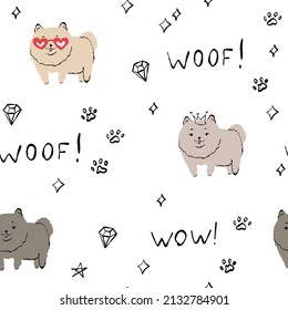 Cute dog pattern with stars, spitz, paws, woof. White paper for scrapbooking, doodle pet.