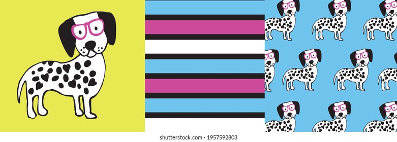 Cute dog pattern vector illustration. Vector Print.Lovely Nursery Art for Card, Invitation, Wall Art, Baby Girl Party.