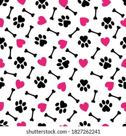 Cute dog paw, hearts and dog bone pattern - funny vector drawing seamless pattern. Lettering poster or t-shirt textile graphic design. Cute illustration. wallpaper, wrapping paper.