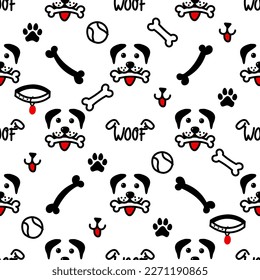 Cute dog paw, house and dog bone pattern - funny vector drawing seamless pattern. Lettering poster or t-shirt textile graphic design. Cute illustration. wallpaper, wrapping paper.