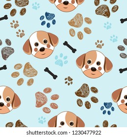 Cute dog, paw print and bone seamless pattern