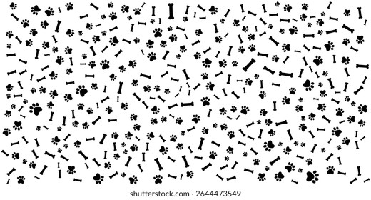 Cute Dog Paw Prints and Bones Pattern on White Background.