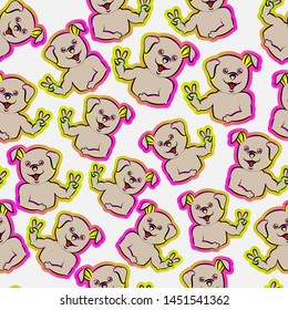 cute dog peace two finger style funny happy hand drawn seamless pattern cartoon , can be used for t-shirt print, kids wear fashion design, fabric, web, wallpaper