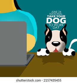 A cute dog is peeking on the desk while the dog owner is working in front of the laptop, National Take Your Dog to Work Day June 24