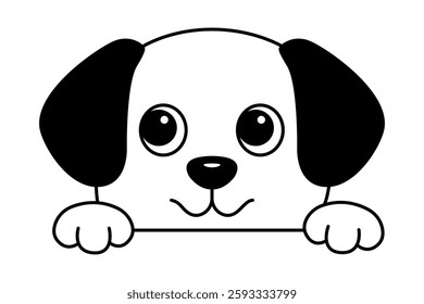 Cute dog peeking with roguish smile monochrome clip art vector illustration