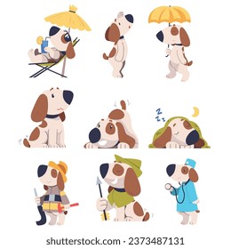 Cute Dog Pet in Different Situation Vector Set