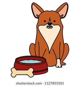 cute dog pet with dish and bone character