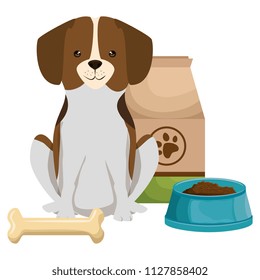 cute dog pet with food and bone character