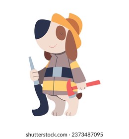 Cute Dog Pet with Hose and Axe in Firefighter Uniform Vector Illustration