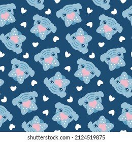 Cute dog pet of kids pattern. Animal seamless print on blue background for boy nursery design. Cartoon canine muzzles heads for children's wallpapers. Childish hand drawn illustration. Flat vector.