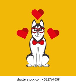 cute dog pet with siberian glasses heart background vector illustration eps 10