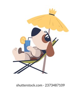 Cute Dog Pet Sunbathing Under Straw Umbrella with Refreshing Drink Vector Illustration