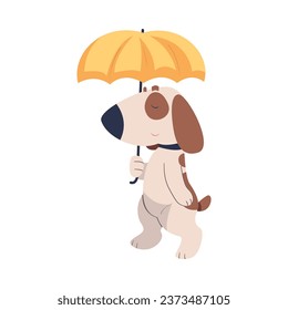 Cute Dog Pet Walking Under Yellow Umbrella Vector Illustration