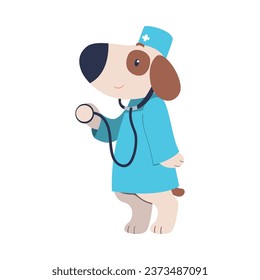 Cute Dog Pet Wear Blue Doctor Uniform with Stethoscope Vector Illustration